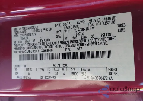 2015 Ford Escape Titanium из США, поврежденный, VIN 1FMCU9J92FUC06646